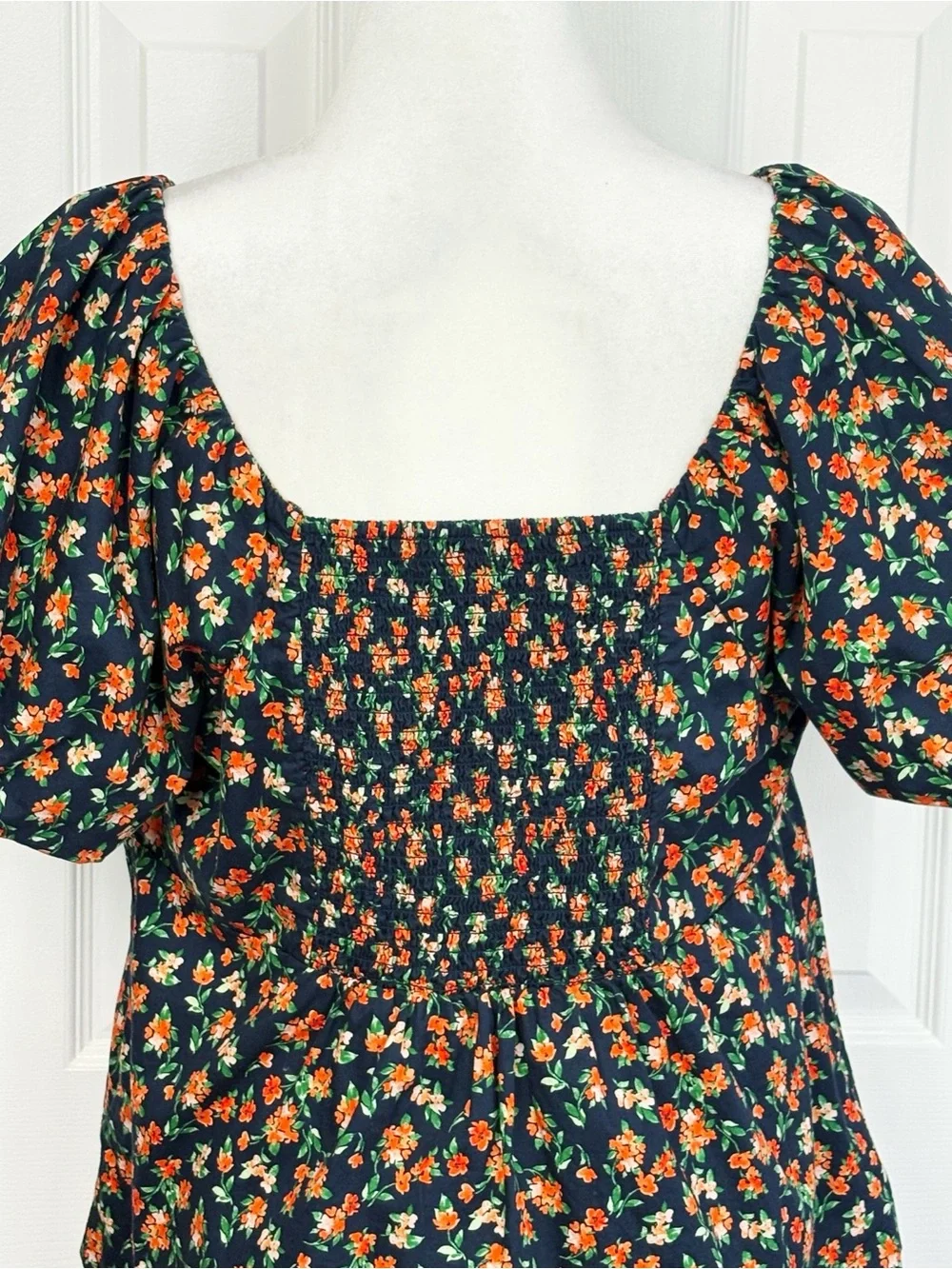 Old Navy Navy Blue & Orange Floral Print Puff Sleeve Smocked Trapeze Top XL